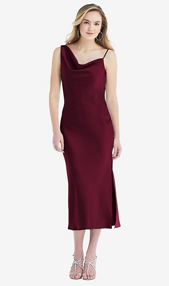 Front View - Cabernet Asymmetrical One-Shoulder Cowl Midi Slip Dress