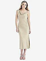 Front View Thumbnail - Champagne Asymmetrical One-Shoulder Cowl Midi Slip Dress