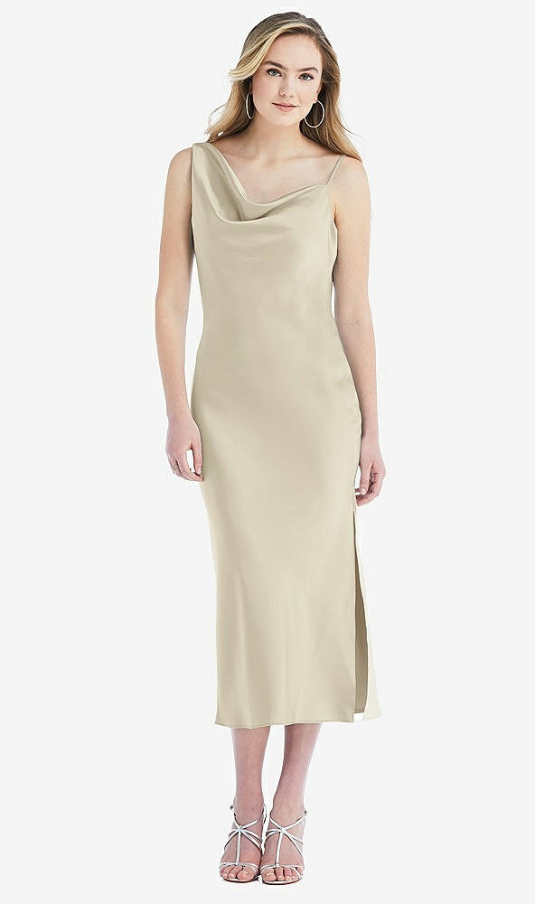 Front View - Champagne Asymmetrical One-Shoulder Cowl Midi Slip Dress