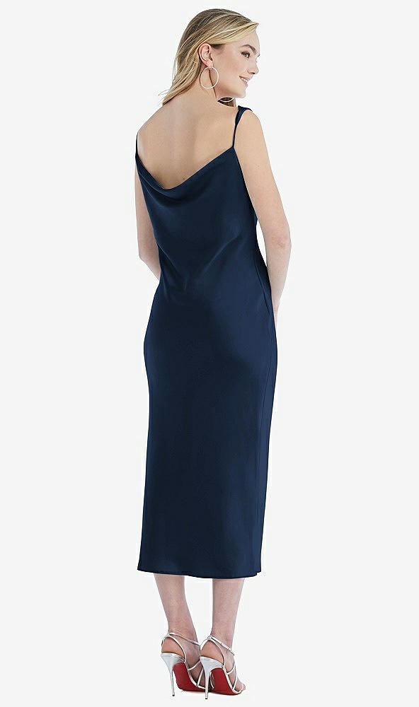 Back View - Midnight Navy Asymmetrical One-Shoulder Cowl Midi Slip Dress