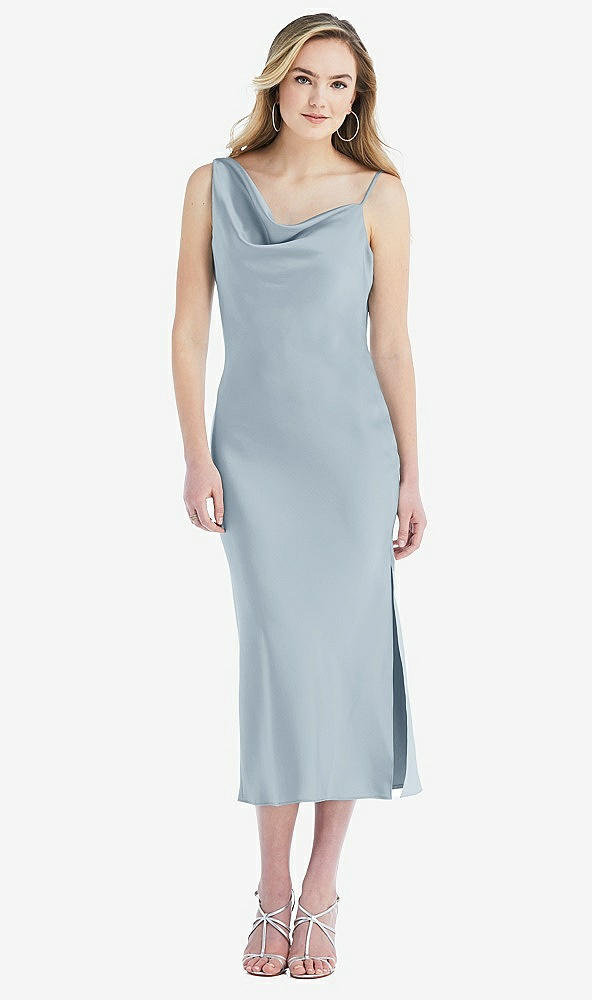 Front View - Mist Asymmetrical One-Shoulder Cowl Midi Slip Dress