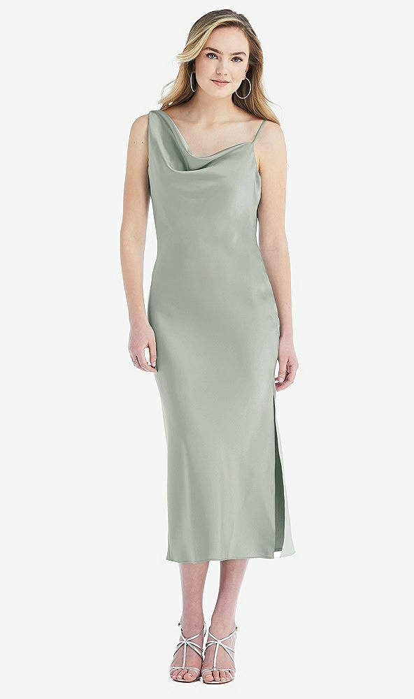 Front View - Willow Green Asymmetrical One-Shoulder Cowl Midi Slip Dress