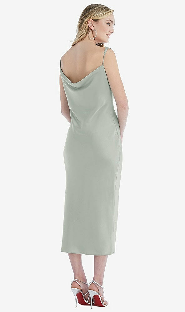 Back View - Willow Green Asymmetrical One-Shoulder Cowl Midi Slip Dress