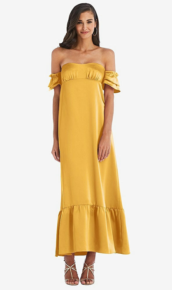 Front View - NYC Yellow Ruffled Off-the-Shoulder Tiered Cuff Sleeve Midi Dress