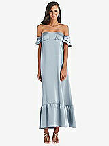 Front View Thumbnail - Mist Ruffled Off-the-Shoulder Tiered Cuff Sleeve Midi Dress