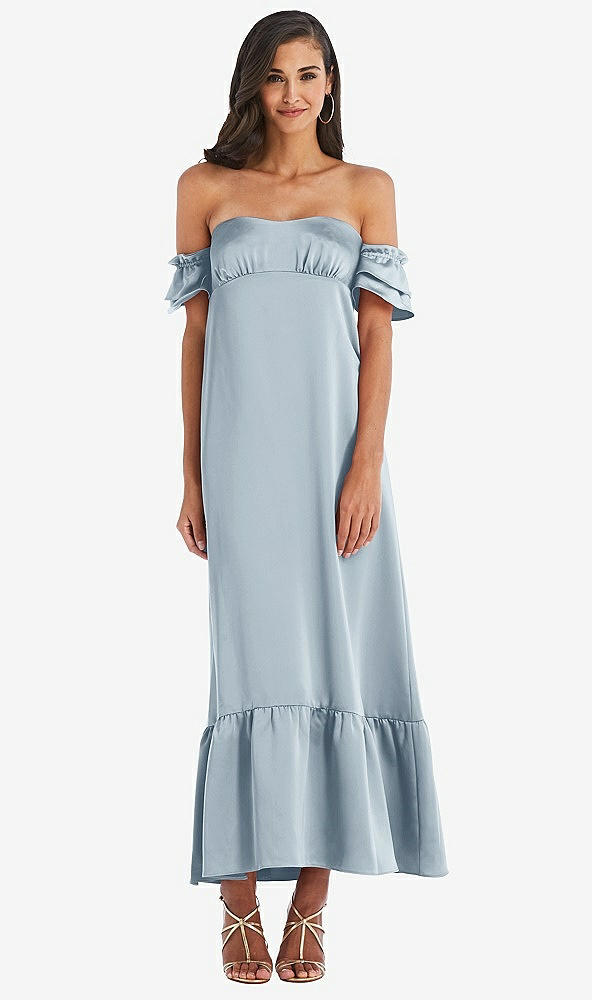 Front View - Mist Ruffled Off-the-Shoulder Tiered Cuff Sleeve Midi Dress