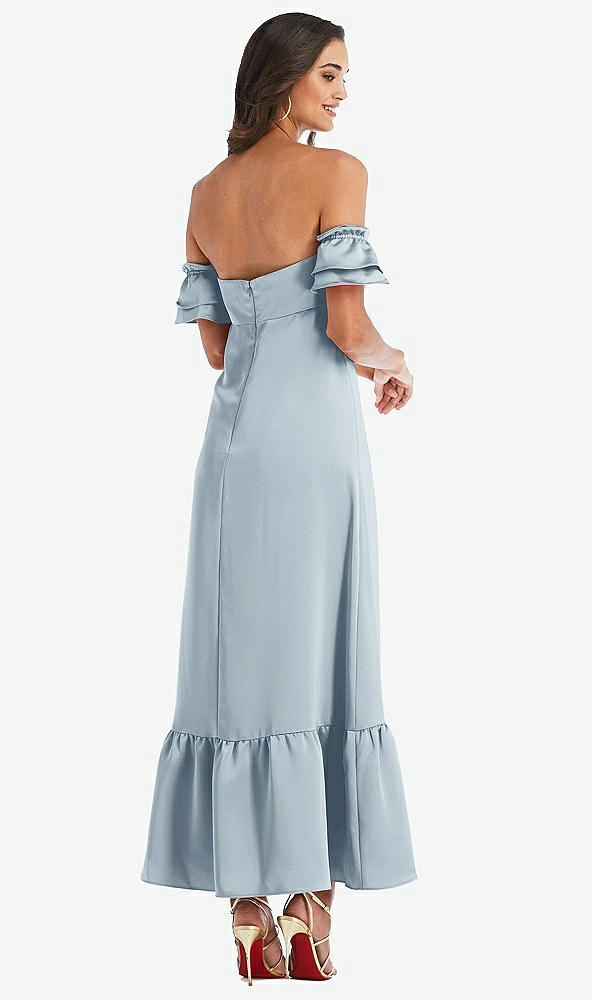 Back View - Mist Ruffled Off-the-Shoulder Tiered Cuff Sleeve Midi Dress