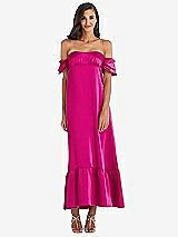 Front View Thumbnail - Think Pink Ruffled Off-the-Shoulder Tiered Cuff Sleeve Midi Dress