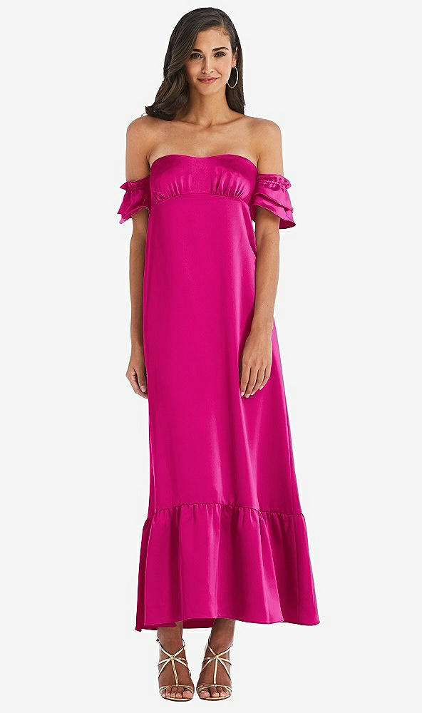 Front View - Think Pink Ruffled Off-the-Shoulder Tiered Cuff Sleeve Midi Dress