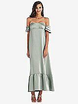 Front View Thumbnail - Willow Green Ruffled Off-the-Shoulder Tiered Cuff Sleeve Midi Dress