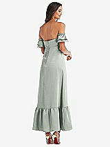 Rear View Thumbnail - Willow Green Ruffled Off-the-Shoulder Tiered Cuff Sleeve Midi Dress