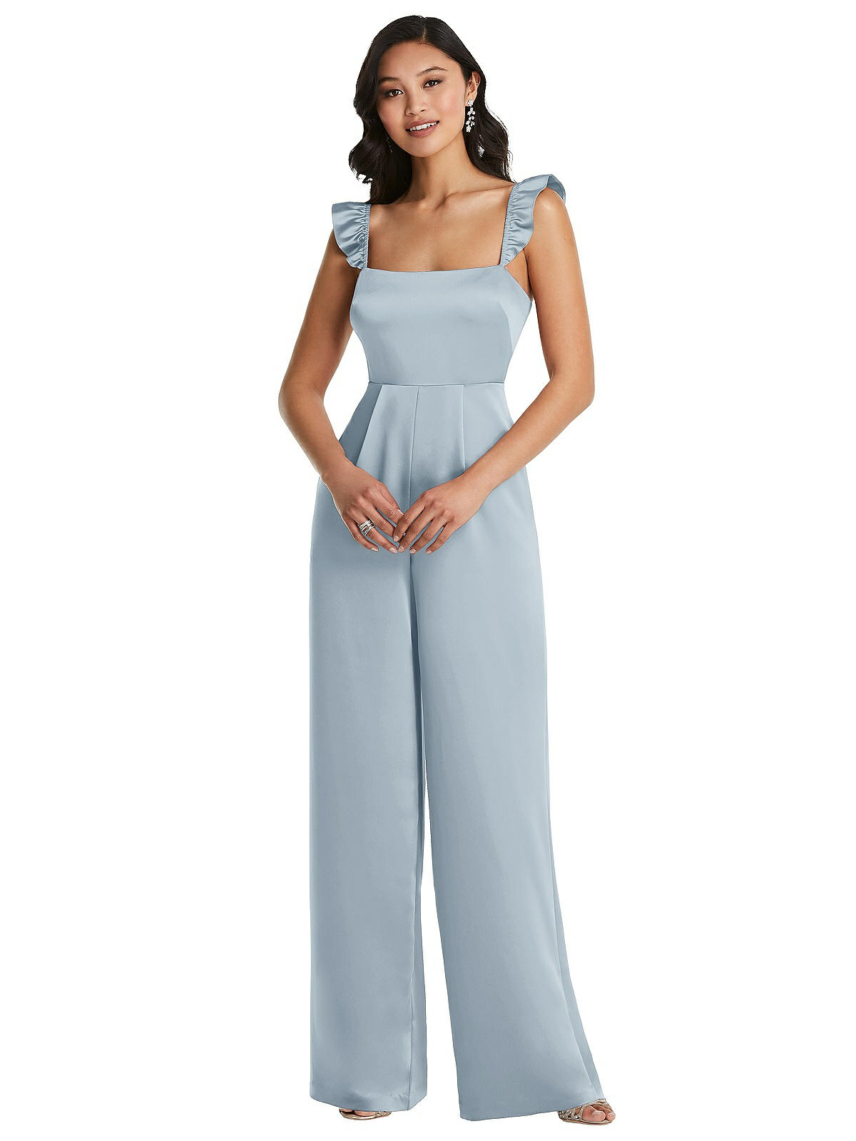 Soft Flowy Jumpsuit with Asymmetric Shoulder Detail Mist