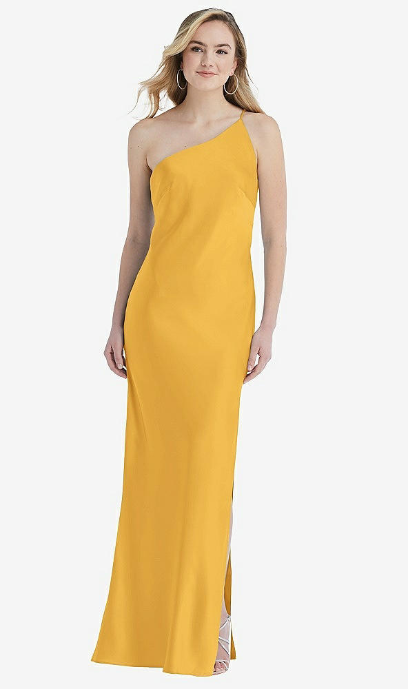 Front View - NYC Yellow One-Shoulder Asymmetrical Maxi Slip Dress