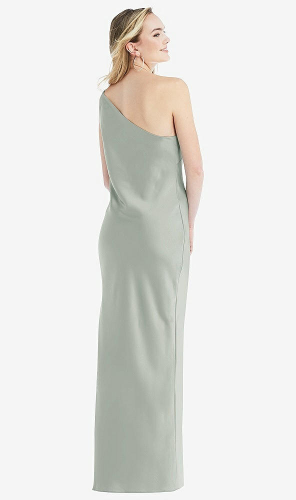 Back View - Willow Green One-Shoulder Asymmetrical Maxi Slip Dress