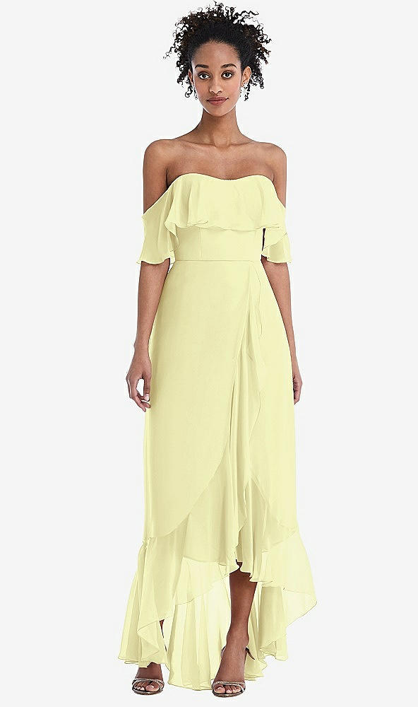 Front View - Butter Yellow Off-the-Shoulder Ruffled High Low Maxi Dress