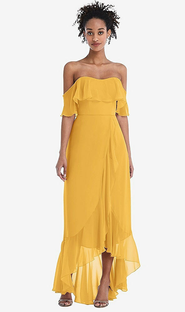 Front View - NYC Yellow Off-the-Shoulder Ruffled High Low Maxi Dress