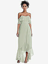 Front View Thumbnail - Celadon Off-the-Shoulder Ruffled High Low Maxi Dress