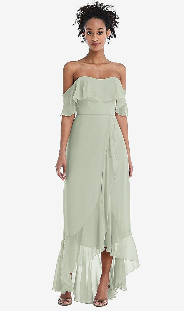 Front View - Celadon Off-the-Shoulder Ruffled High Low Maxi Dress