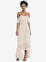 Front View Thumbnail - Coquette Floral Print Off-the-Shoulder Ruffled High Low Maxi Dress