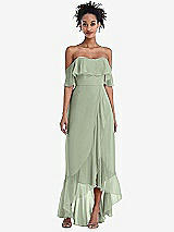 Front View Thumbnail - Sage Off-the-Shoulder Ruffled High Low Maxi Dress