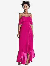 Front View Thumbnail - Think Pink Off-the-Shoulder Ruffled High Low Maxi Dress