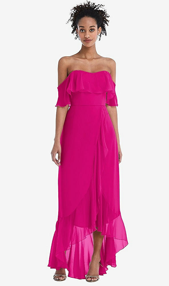 Front View - Think Pink Off-the-Shoulder Ruffled High Low Maxi Dress