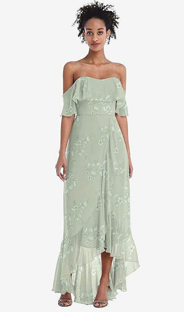 Front View - Vintage Primrose Sage Off-the-Shoulder Ruffled High Low Maxi Dress