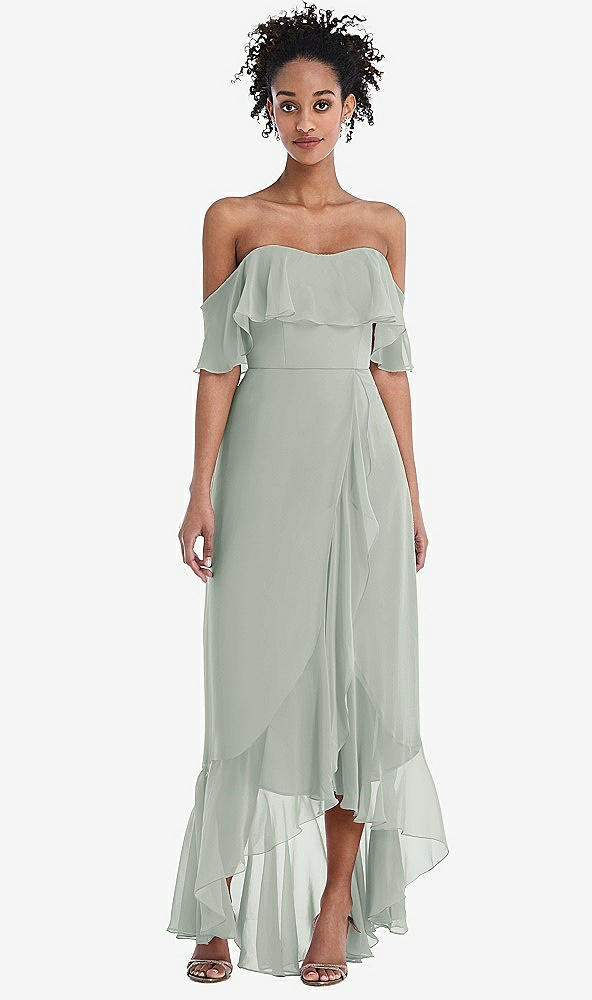 Front View - Willow Green Off-the-Shoulder Ruffled High Low Maxi Dress