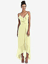 Front View Thumbnail - Butter Yellow Ruffle-Trimmed V-Neck High Low Wrap Dress