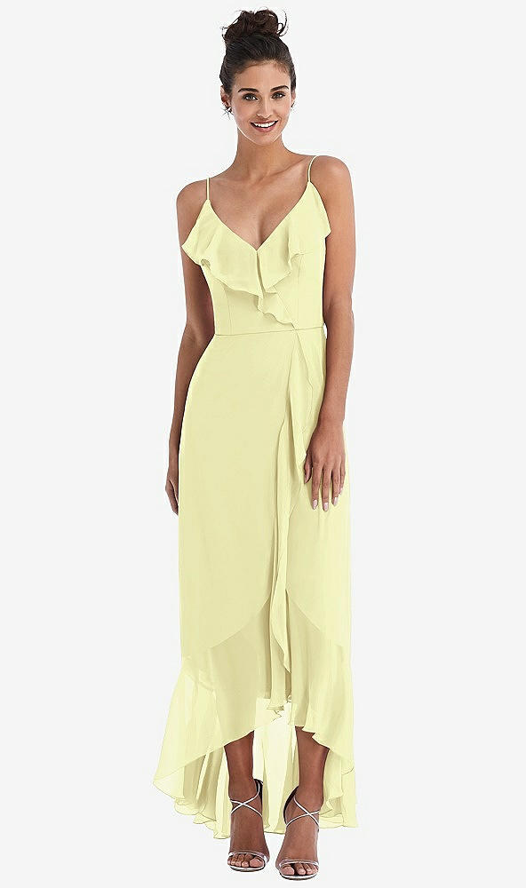 Front View - Butter Yellow Ruffle-Trimmed V-Neck High Low Wrap Dress