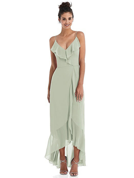 Ruffle-Trimmed V-Neck High Low Wrap Dress