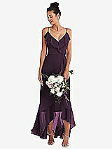 Alt View 1 Thumbnail - Aubergine Ruffle-Trimmed V-Neck High Low Wrap Dress