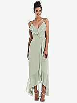 Front View Thumbnail - Celadon Ruffle-Trimmed V-Neck High Low Wrap Dress