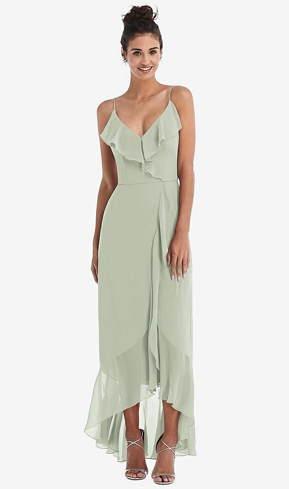 Front View - Celadon Ruffle-Trimmed V-Neck High Low Wrap Dress