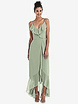 Front View Thumbnail - Sage Ruffle-Trimmed V-Neck High Low Wrap Dress