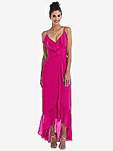 Front View Thumbnail - Think Pink Ruffle-Trimmed V-Neck High Low Wrap Dress