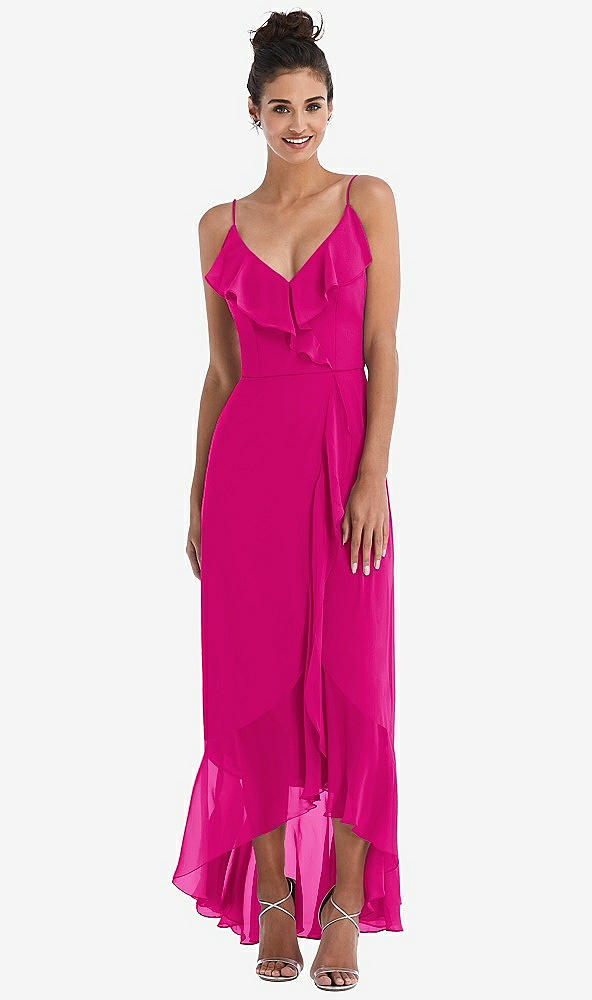 Front View - Think Pink Ruffle-Trimmed V-Neck High Low Wrap Dress