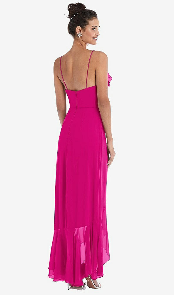 Back View - Think Pink Ruffle-Trimmed V-Neck High Low Wrap Dress