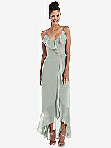 Front View Thumbnail - Willow Green Ruffle-Trimmed V-Neck High Low Wrap Dress