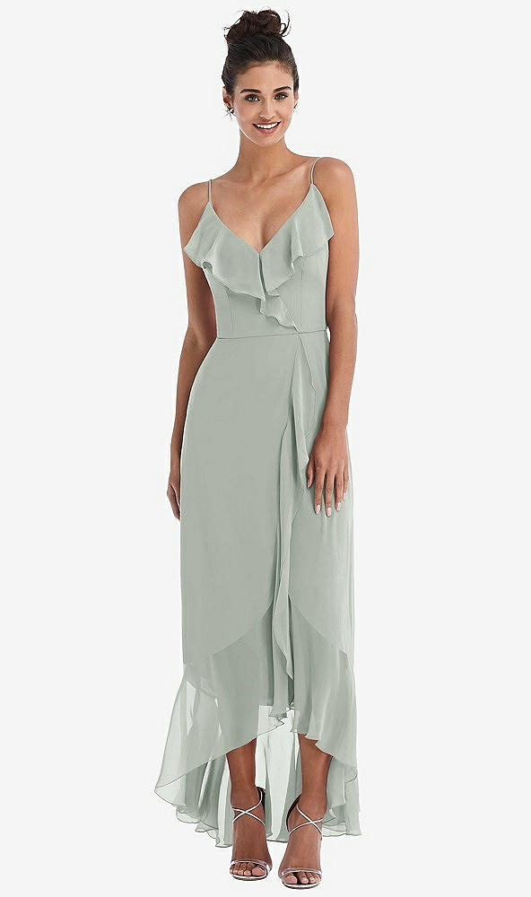 Front View - Willow Green Ruffle-Trimmed V-Neck High Low Wrap Dress