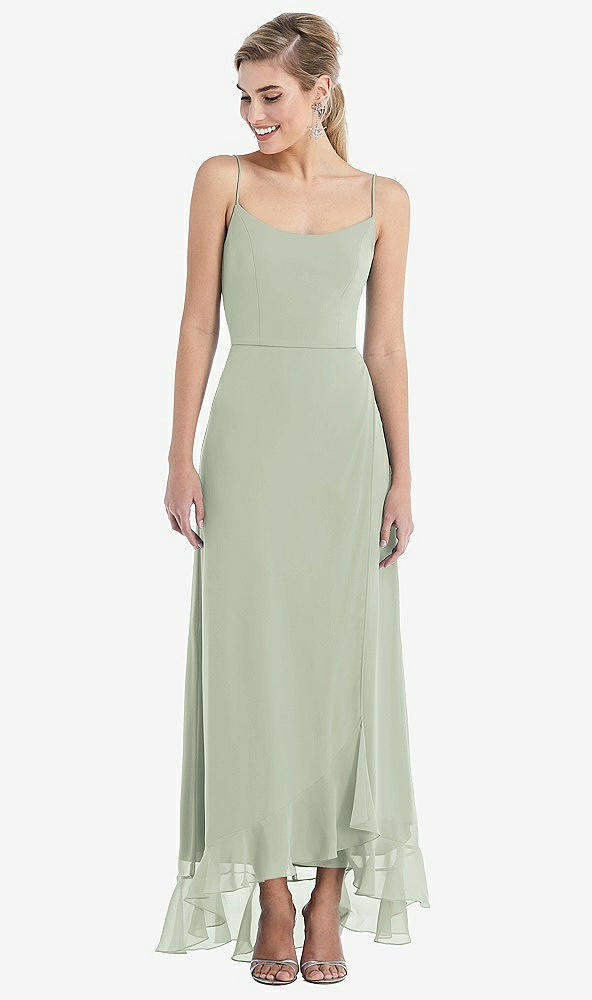 Front View - Celadon Scoop Neck Ruffle-Trimmed High Low Maxi Dress