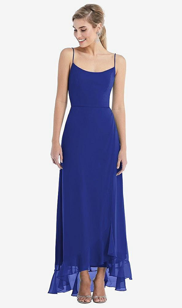 Front View - Cobalt Blue Scoop Neck Ruffle-Trimmed High Low Maxi Dress