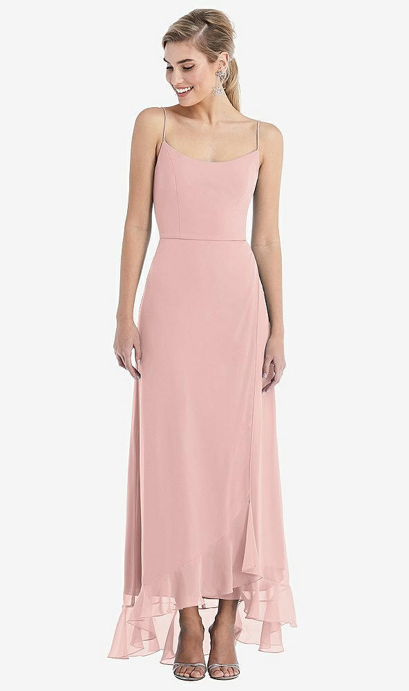 Front View - Rose - PANTONE Rose Quartz Scoop Neck Ruffle-Trimmed High Low Maxi Dress