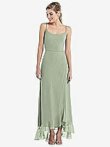 Front View Thumbnail - Sage Scoop Neck Ruffle-Trimmed High Low Maxi Dress