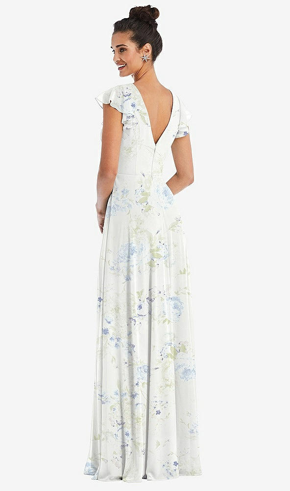 Back View - Bleu Garden Flutter Sleeve V-Keyhole Chiffon Maxi Dress