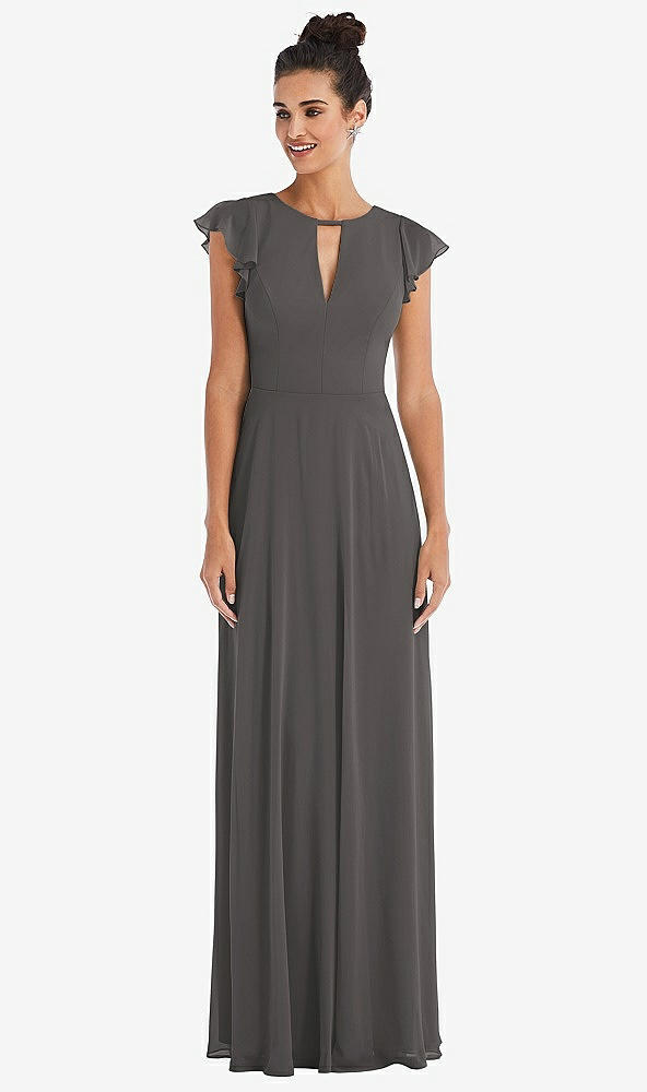 Front View - Caviar Gray Flutter Sleeve V-Keyhole Chiffon Maxi Dress