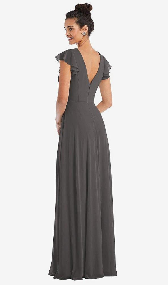 Back View - Caviar Gray Flutter Sleeve V-Keyhole Chiffon Maxi Dress