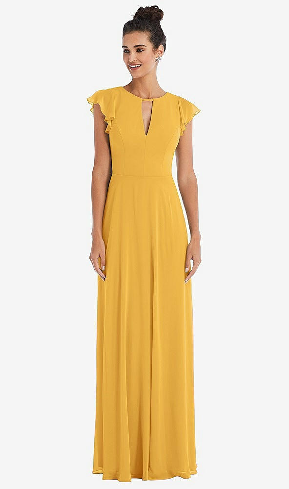 Front View - NYC Yellow Flutter Sleeve V-Keyhole Chiffon Maxi Dress