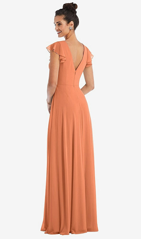 Back View - Sweet Melon Flutter Sleeve V-Keyhole Chiffon Maxi Dress