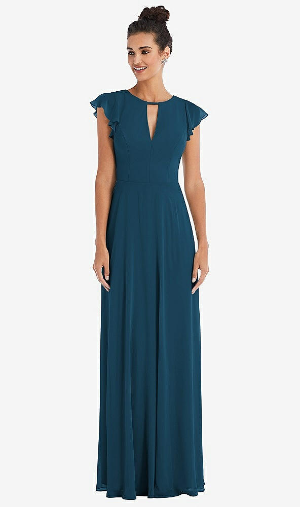 Front View - Atlantic Blue Flutter Sleeve V-Keyhole Chiffon Maxi Dress